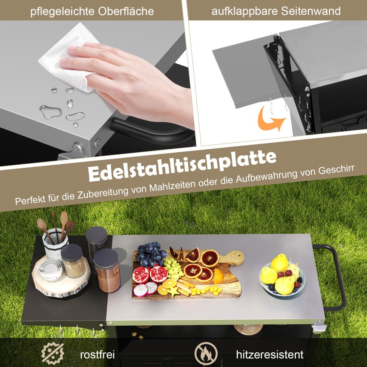 Outdoor Grillwagen  mit Edelstahlplatte & Klappbarem Seitentisch & Schrank Grilltisch