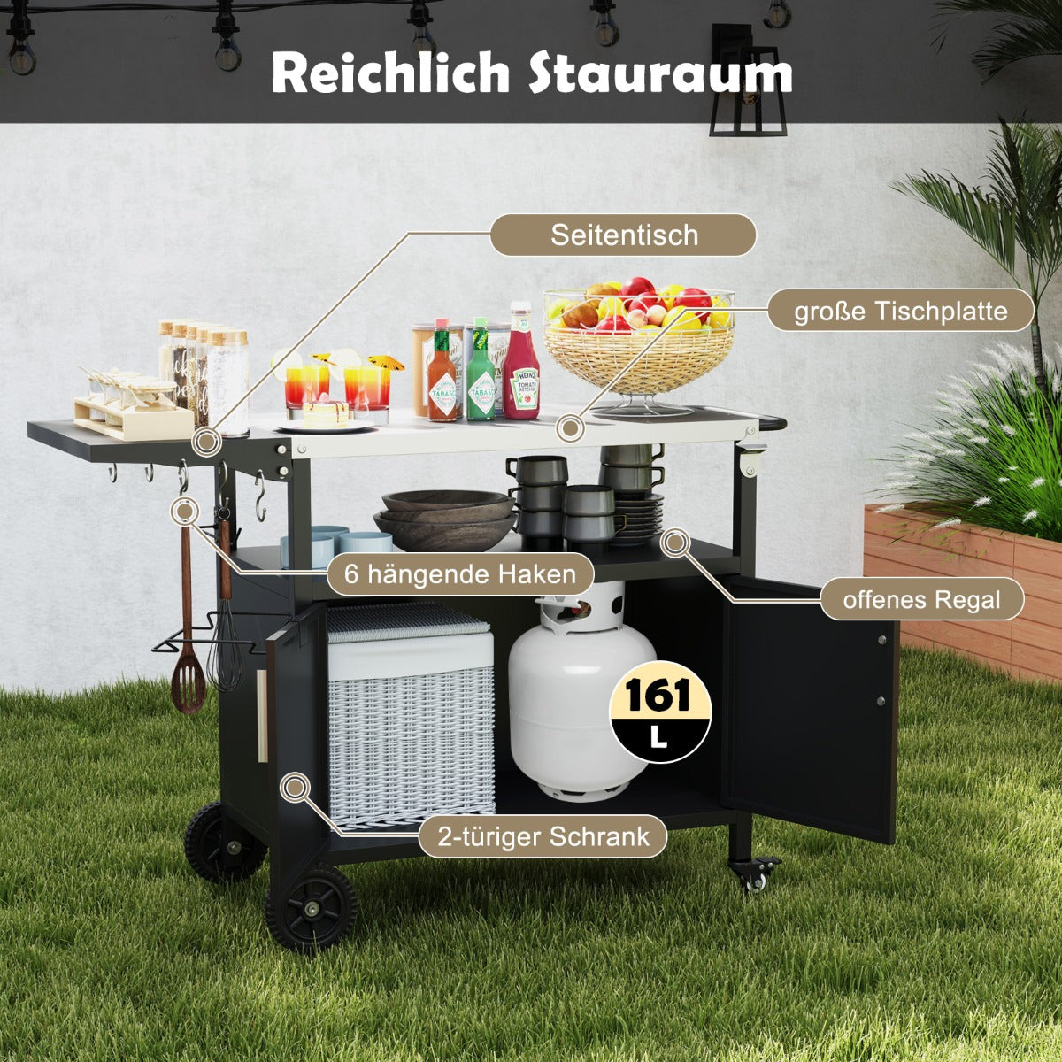 Outdoor Grillwagen  mit Edelstahlplatte & Klappbarem Seitentisch & Schrank Grilltisch