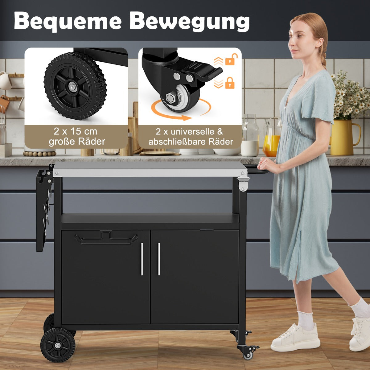 Outdoor Grillwagen  mit Edelstahlplatte & Klappbarem Seitentisch & Schrank Grilltisch