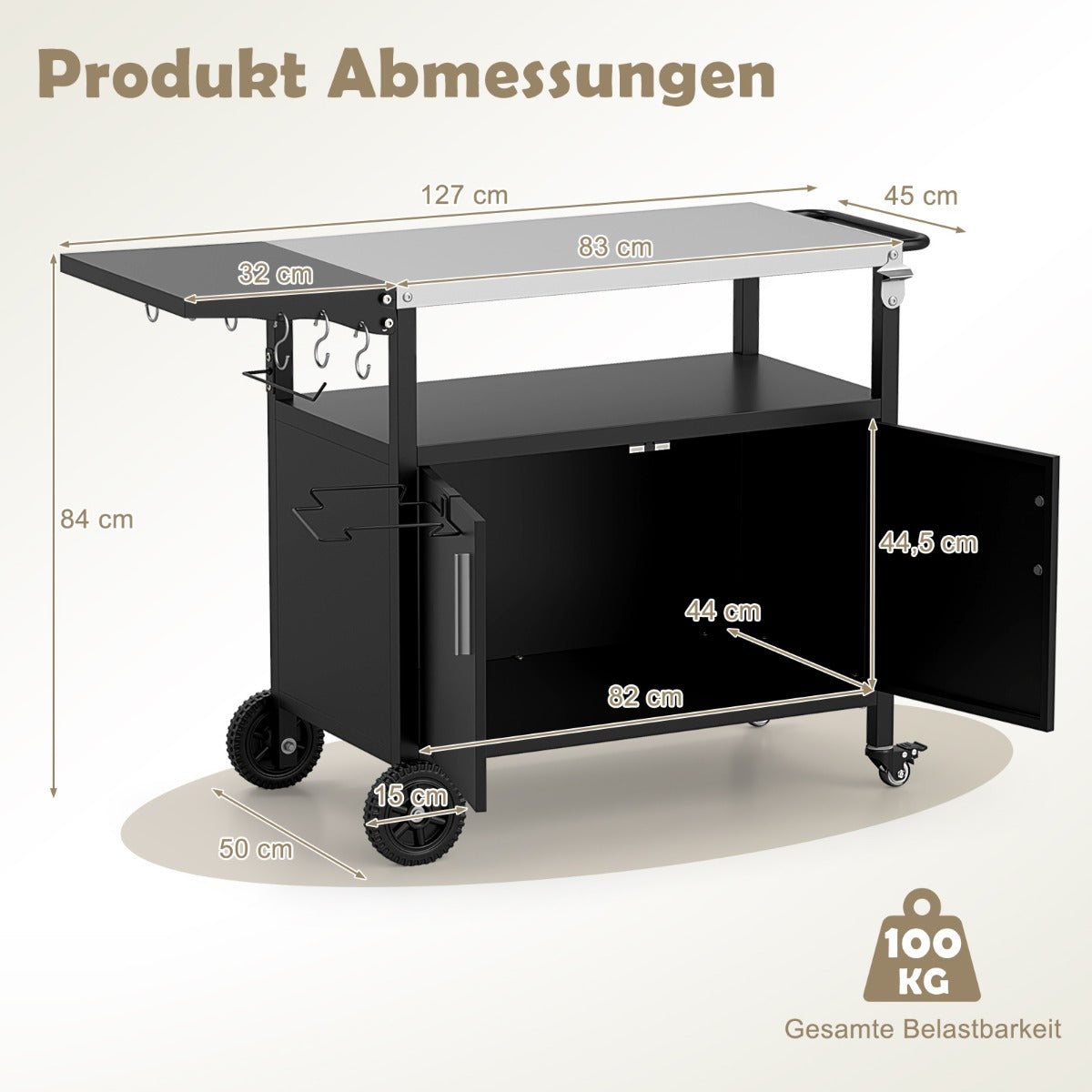 Outdoor Grillwagen  mit Edelstahlplatte & Klappbarem Seitentisch & Schrank Grilltisch