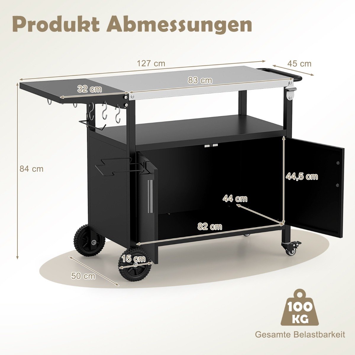 Outdoor Grillwagen  mit Edelstahlplatte & Klappbarem Seitentisch & Schrank Grilltisch