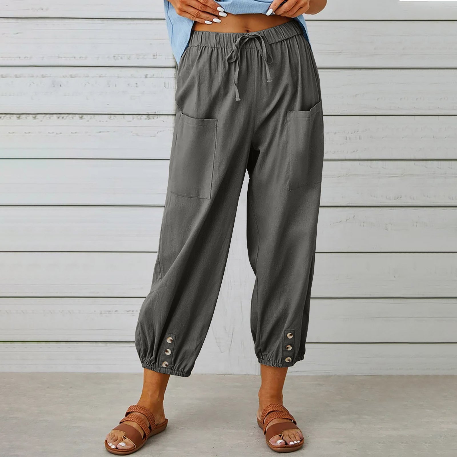 Damen-Hose mit Kordelzug, Krawatte, Frühling, Sommer, Baumwolle und Leinen, Hose mit Taschen und Knopf