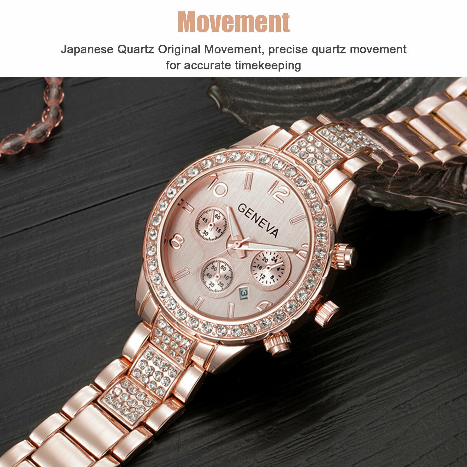 Wasserdichte Damen-Armbanduhr, luxuriös, klassisch, Edelstahl, Kristallquarz, rund