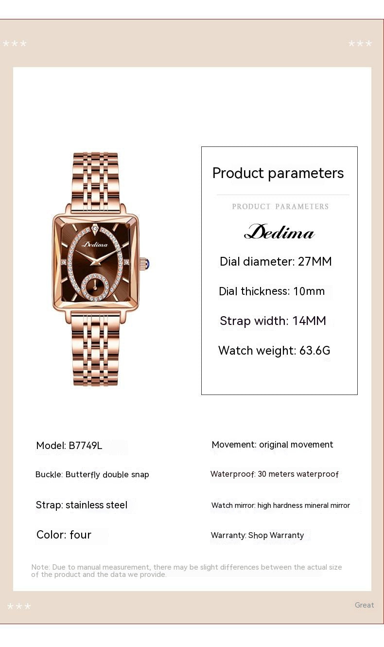 Modische quadratische Damen-Diamant-Zweistift-Halbuhr aus Roségold