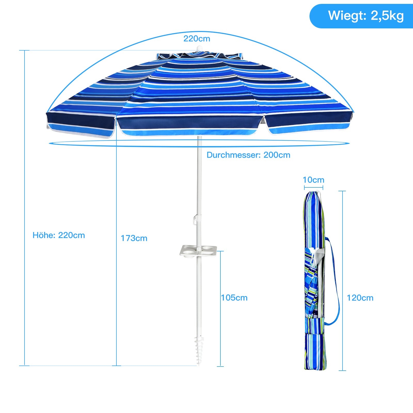 2,2 M Strandschirm UPF50 + Sonnenschutz Tragbarer Sonnenschirm Terrassenschirm-Dunkelblau