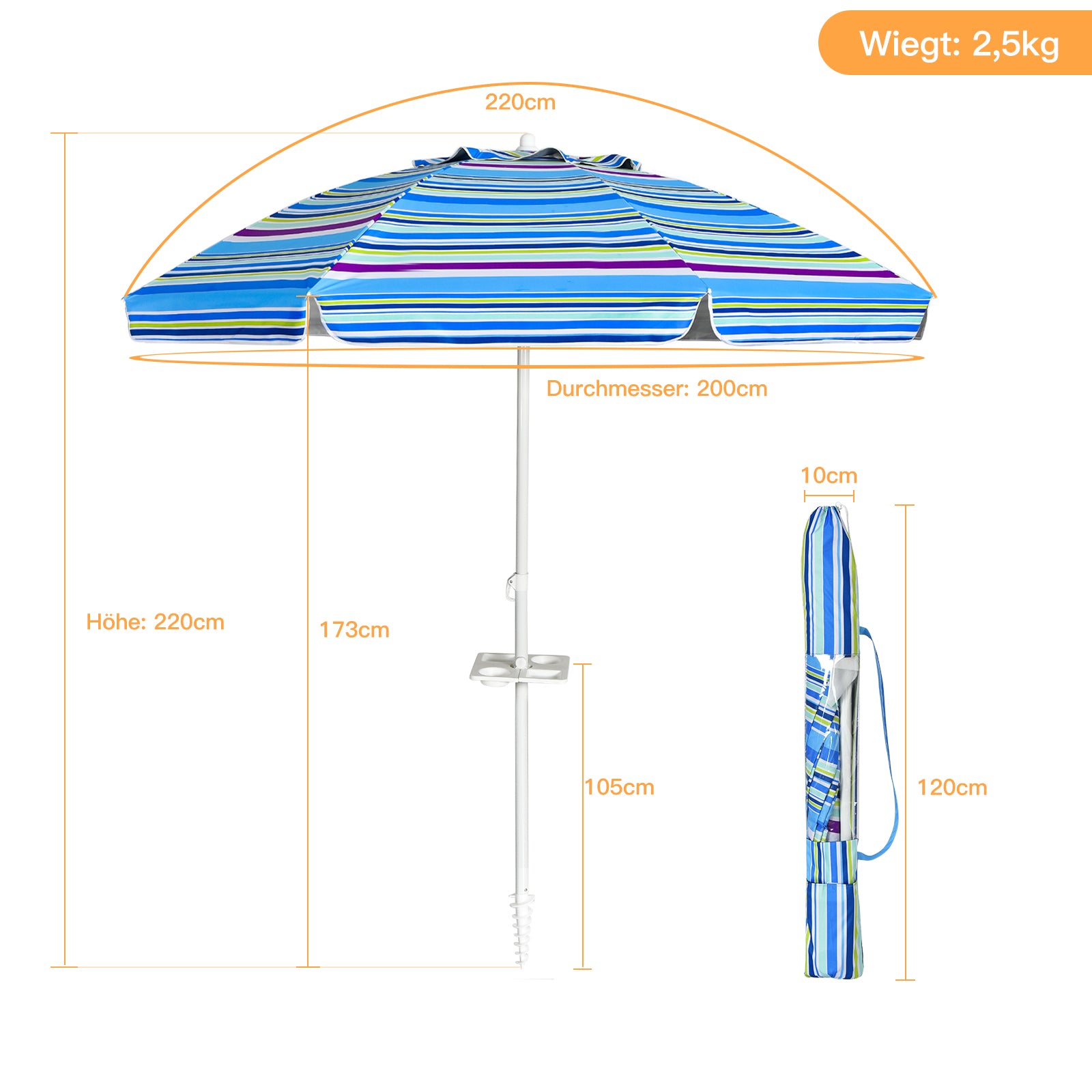 Costway 2,2 M Strandschirm UPF50 + Sonnenschutz Tragbarer Sonnenschirm Terrassenschirm-Hellblau
