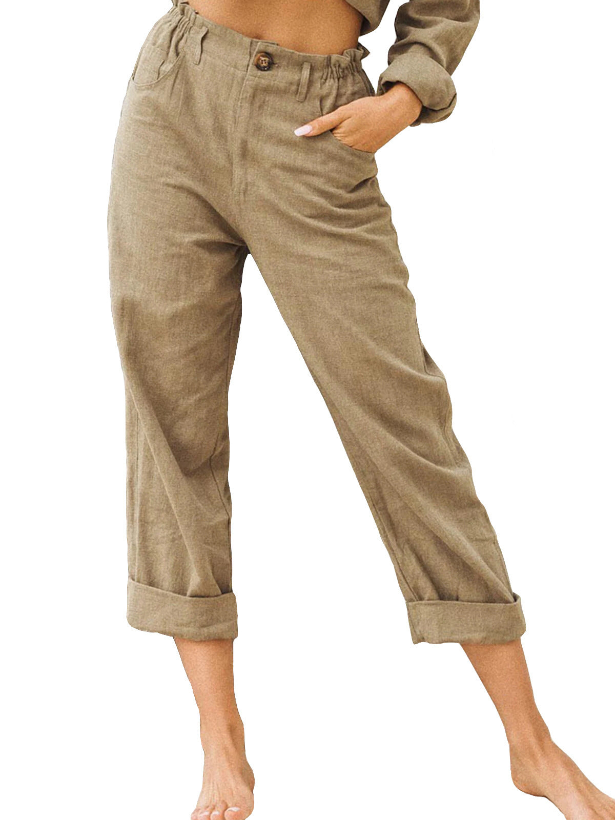 Patchwork-Hose für Damen, Baumwolle, Leinen, Kordelzug hinten, elastische Taille, lockere Freizeithose