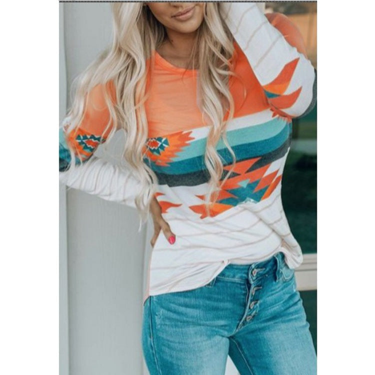 Women's Printed Round Neck Knitted Long-sleeved Top T-shirt
