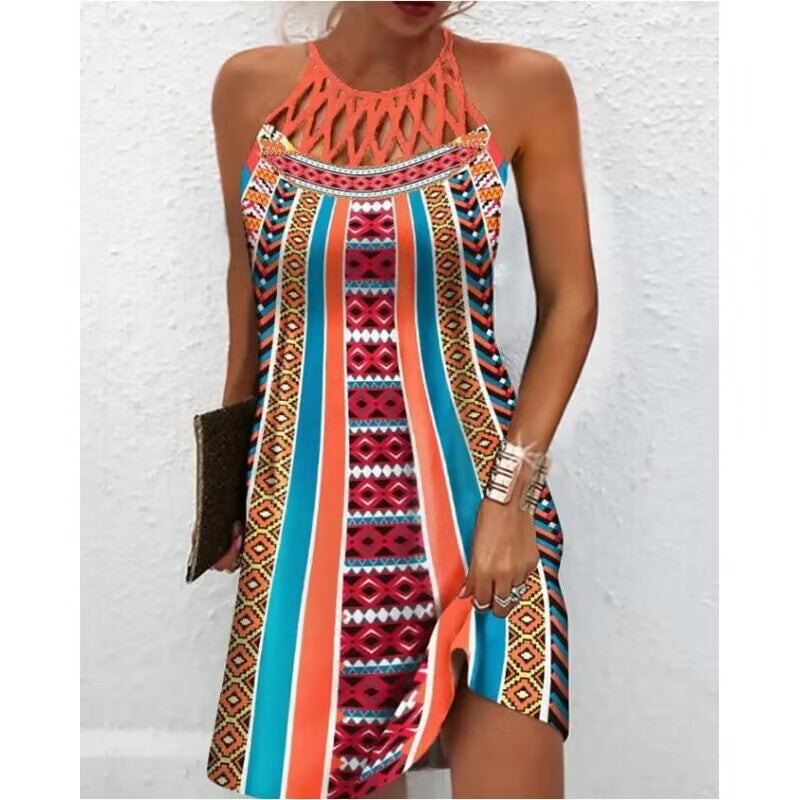 Modisches Print-Kleid, lässige Neckholder-Kleider für Damen, Sommerkleidung
