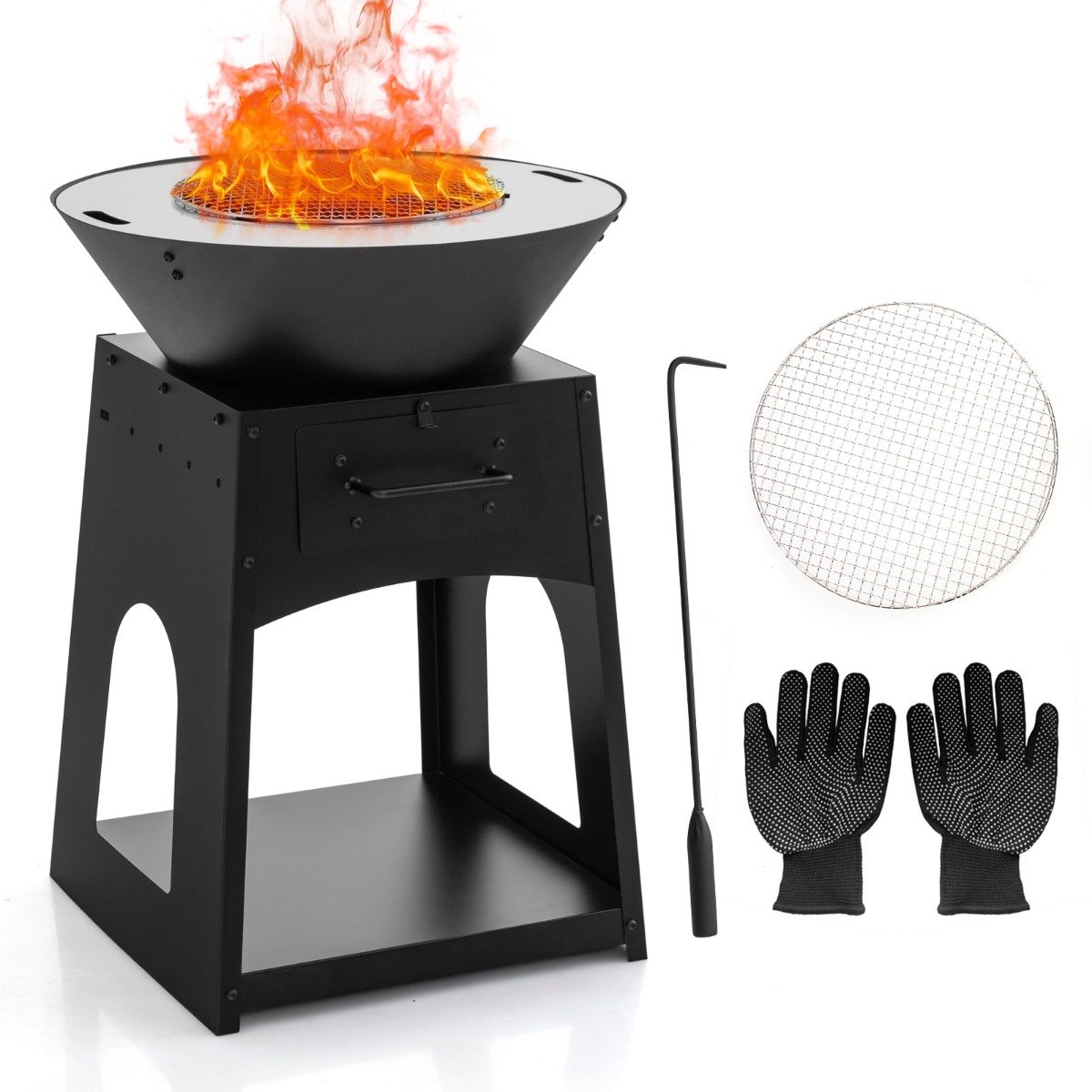 Feuerstelle mit Grillrost Aschekasten unterem Staufach Feuerschale 60 x 80 cm Schwarz