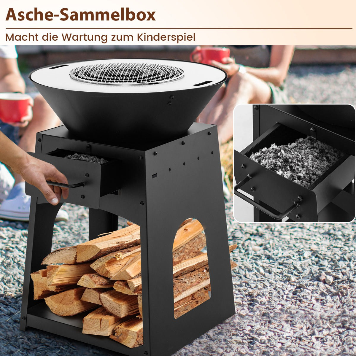 Feuerstelle mit Grillrost Aschekasten unterem Staufach Feuerschale 60 x 80 cm Schwarz