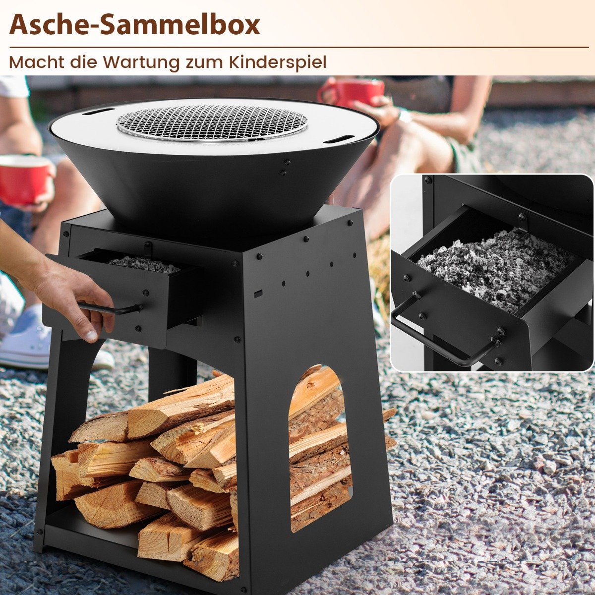 Feuerstelle mit Grillrost Aschekasten unterem Staufach Feuerschale 60 x 80 cm Schwarz