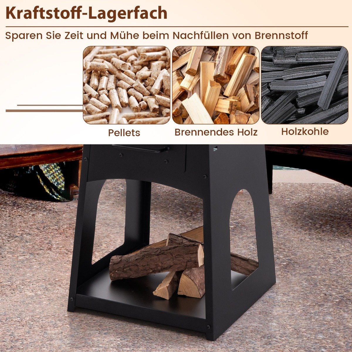 Feuerstelle mit Grillrost Aschekasten unterem Staufach Feuerschale 60 x 80 cm Schwarz