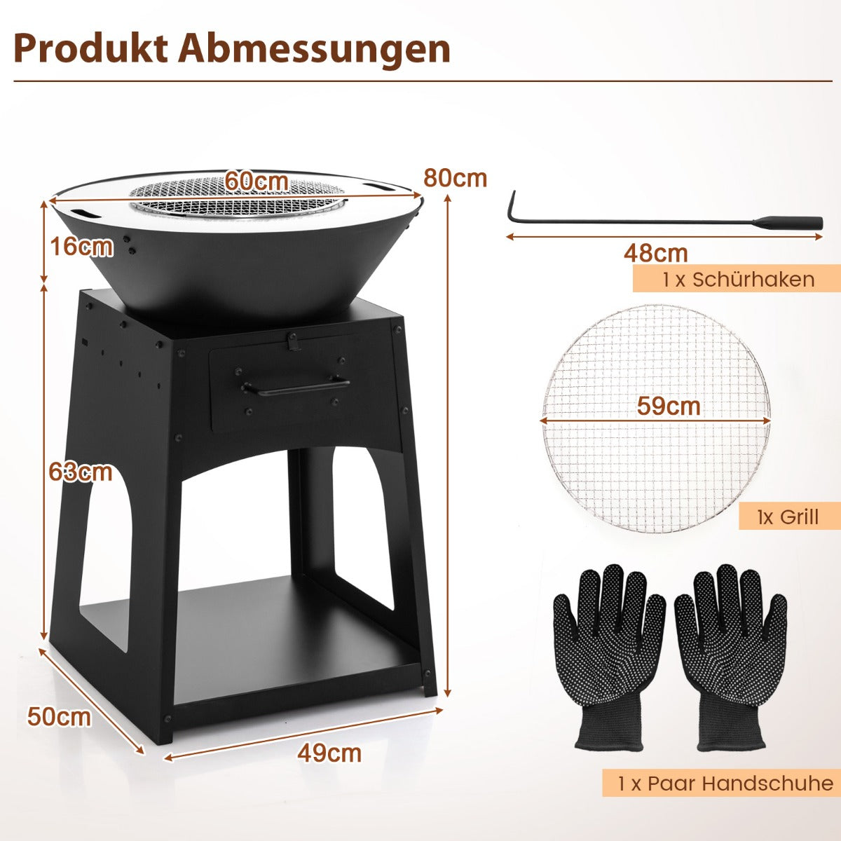 Feuerstelle mit Grillrost Aschekasten unterem Staufach Feuerschale 60 x 80 cm Schwarz
