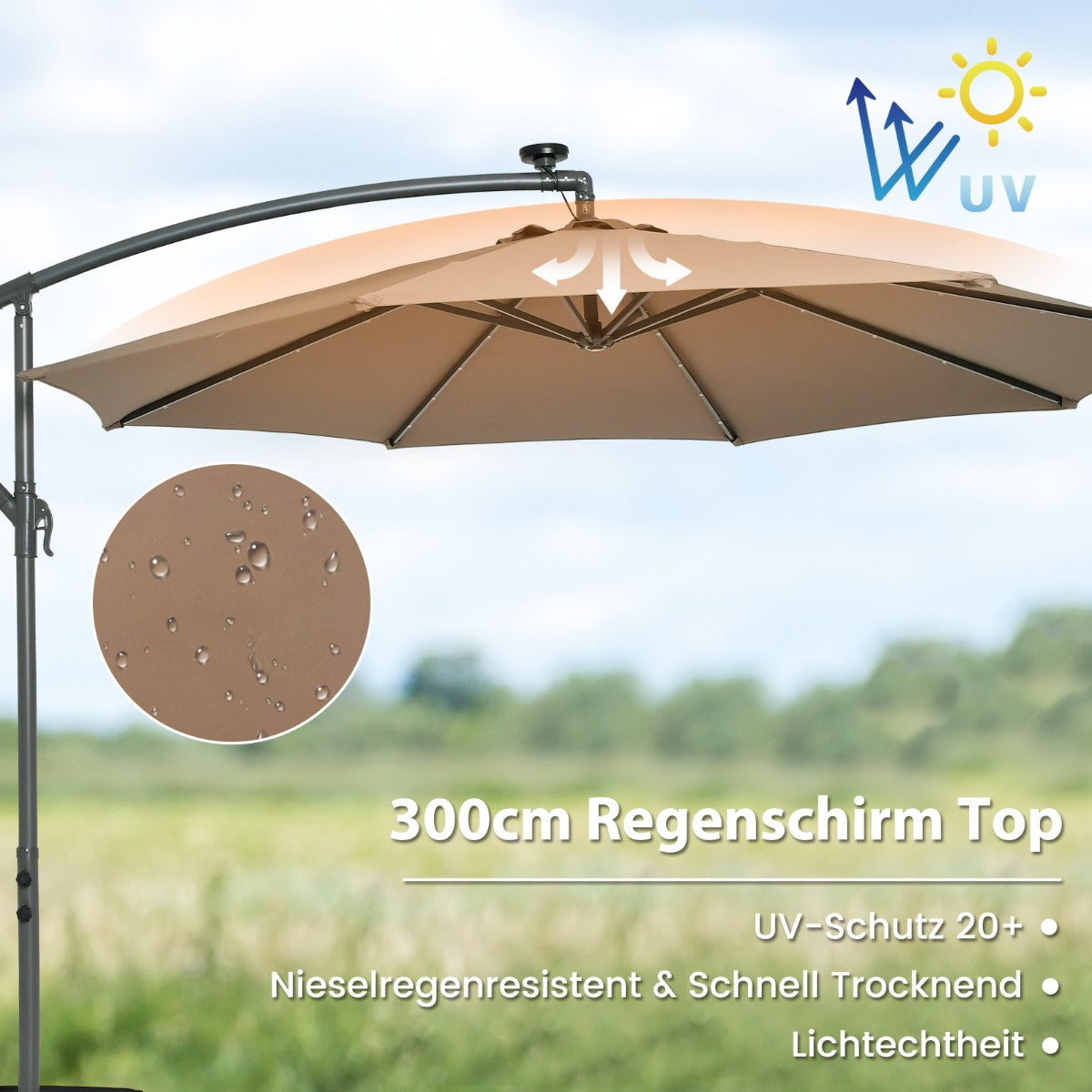 300 cm Ampelschirm mit 40 Solar-LED-Leuchten & Sandsäcke & Kurbel & UV-Schutz Sonnenschirm Braun