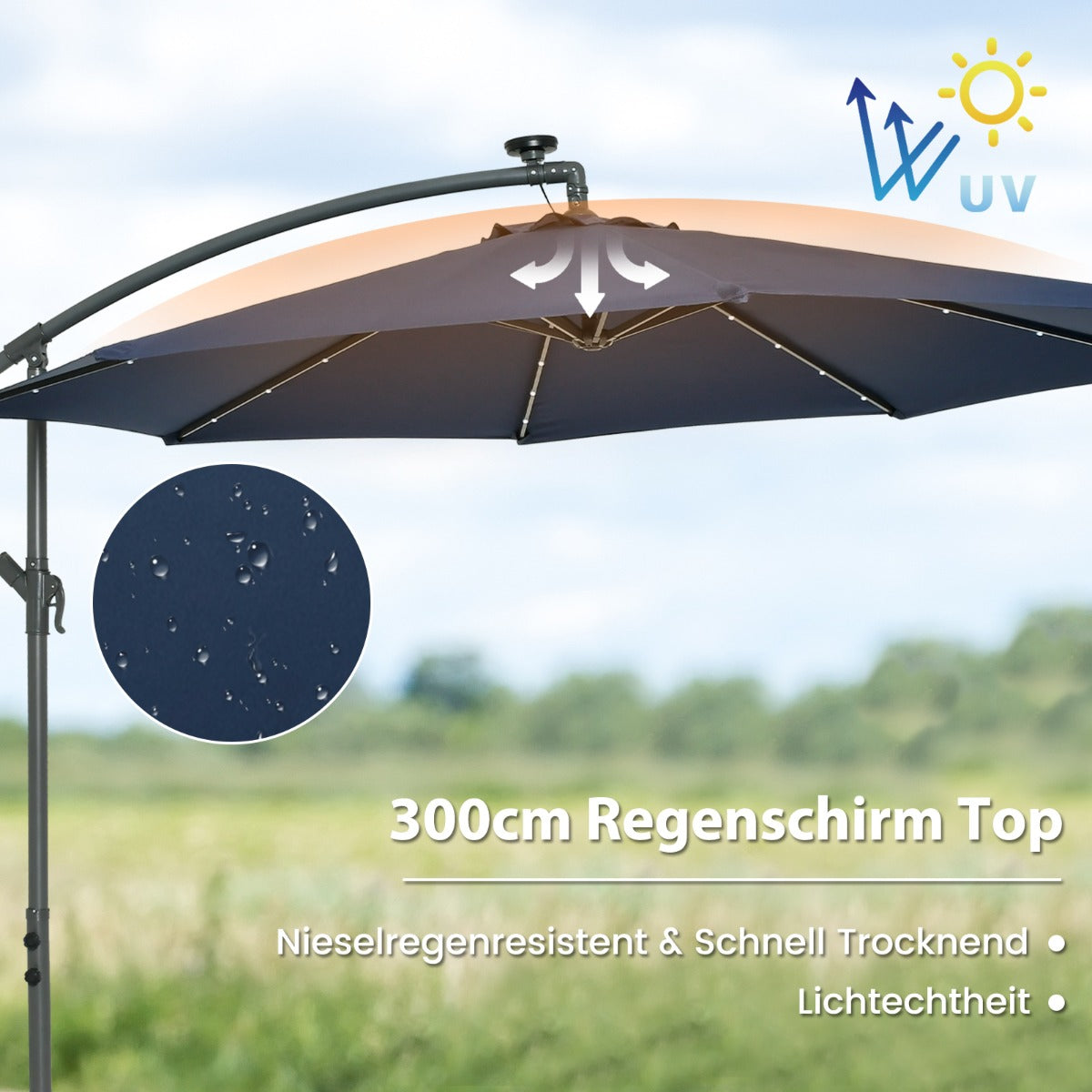 300 cm Ampelschirm mit 40 Solar-LED-Leuchten & Sandsäcke & Kurbel & UV-Schutz Sonnenschirm Blau