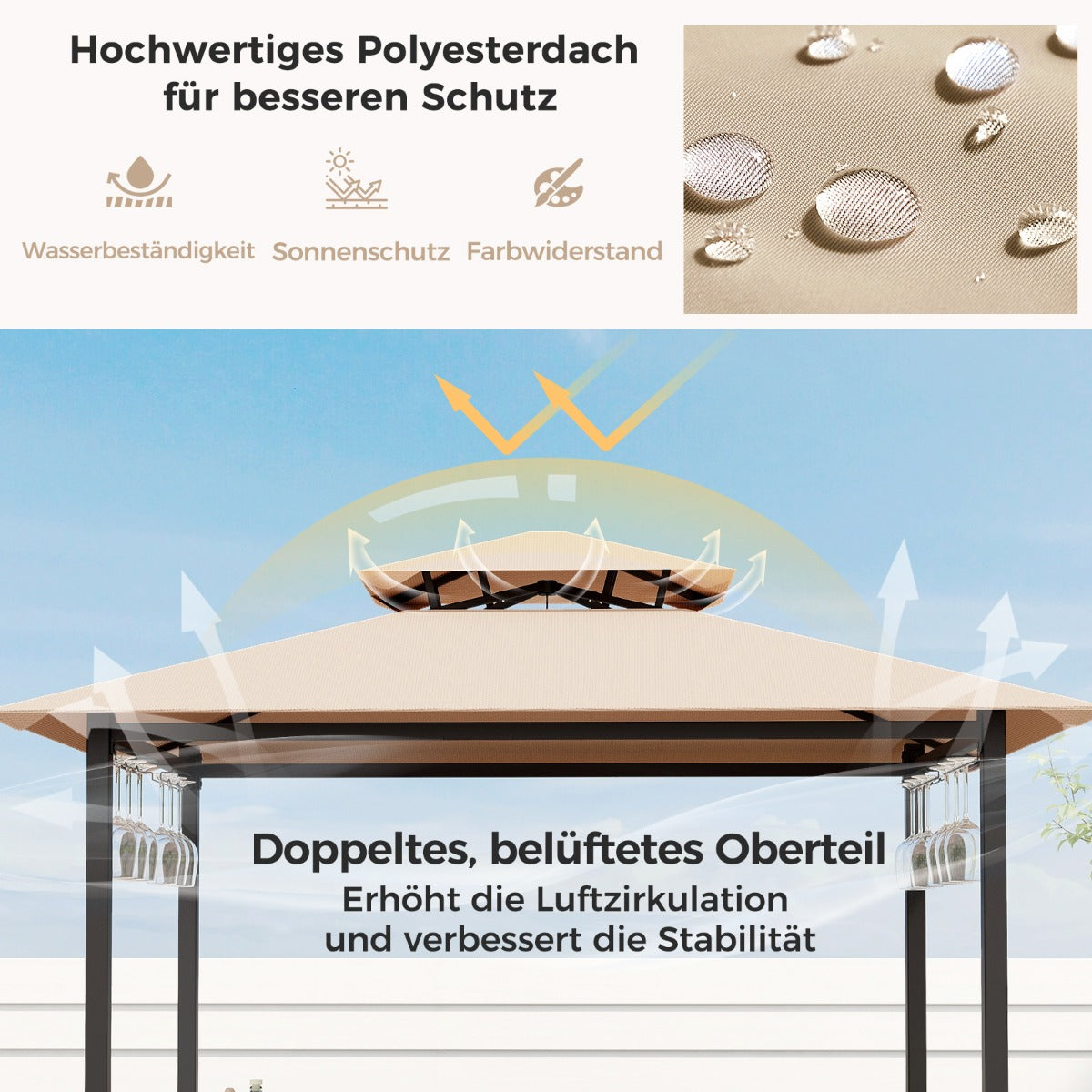 Bartisch mit 2 Barhocker Gartenbar Set mit Metallregalen &amp; Glashalter Grillpavillon mit Doppeldach Braun