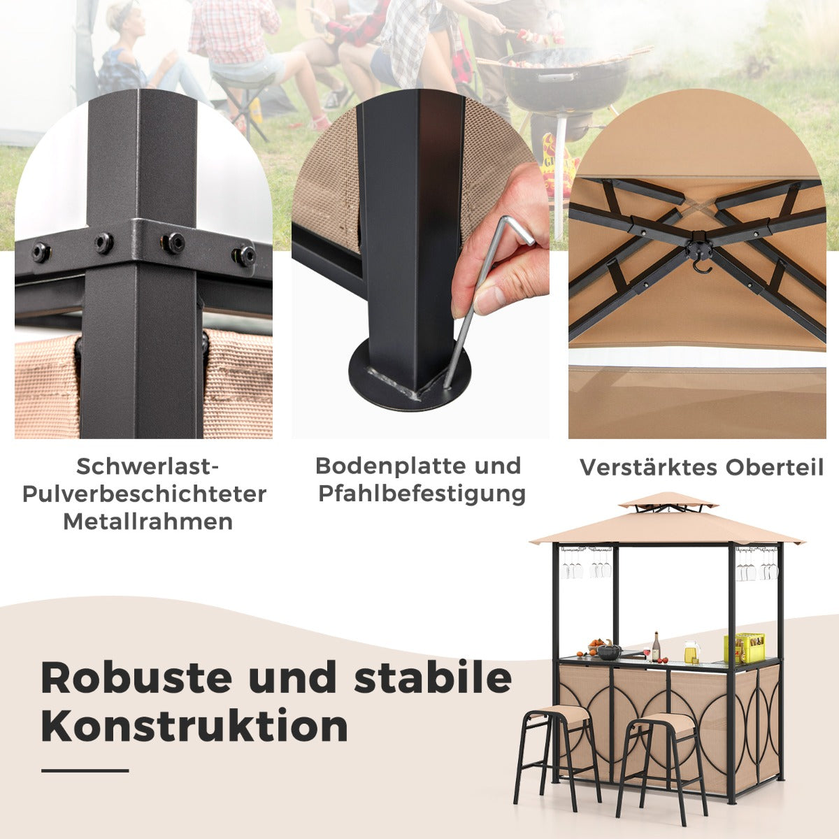 Bartisch mit 2 Barhocker Gartenbar Set mit Metallregalen &amp; Glashalter Grillpavillon mit Doppeldach Braun