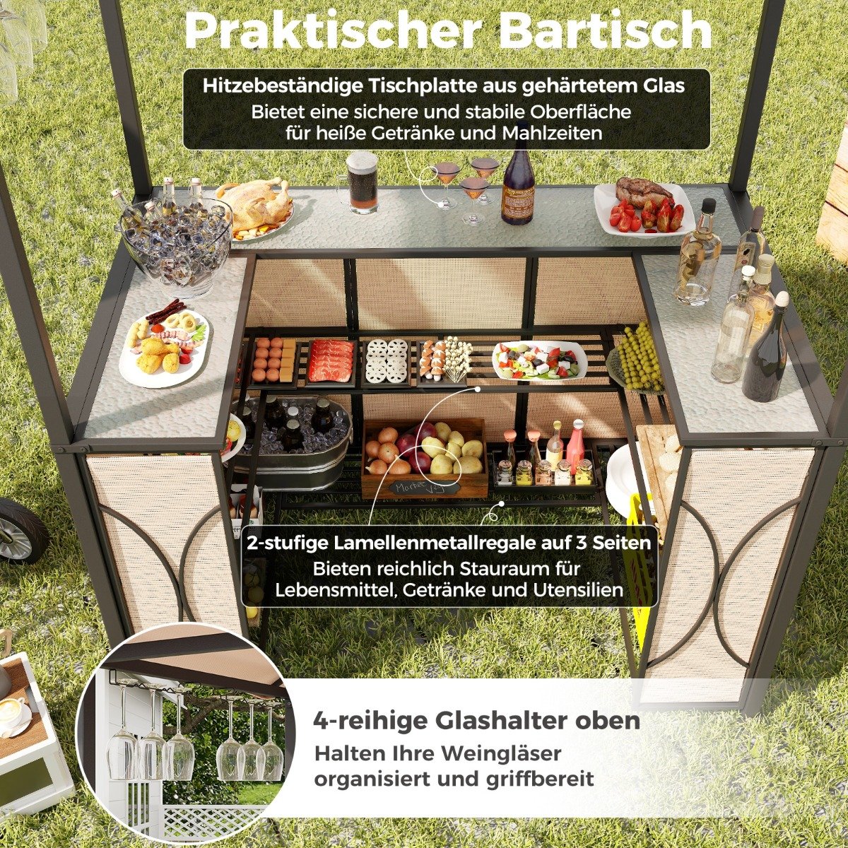 Bartisch mit 2 Barhocker Gartenbar Set mit Metallregalen &amp; Glashalter Grillpavillon mit Doppeldach Braun