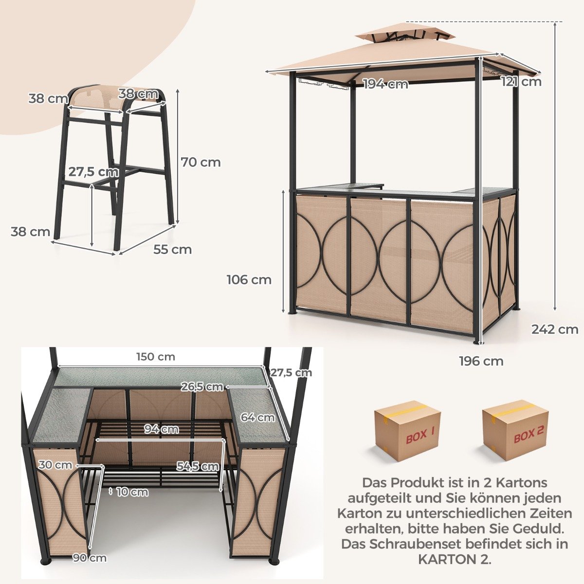 Bartisch mit 2 Barhocker Gartenbar Set mit Metallregalen &amp; Glashalter Grillpavillon mit Doppeldach Braun