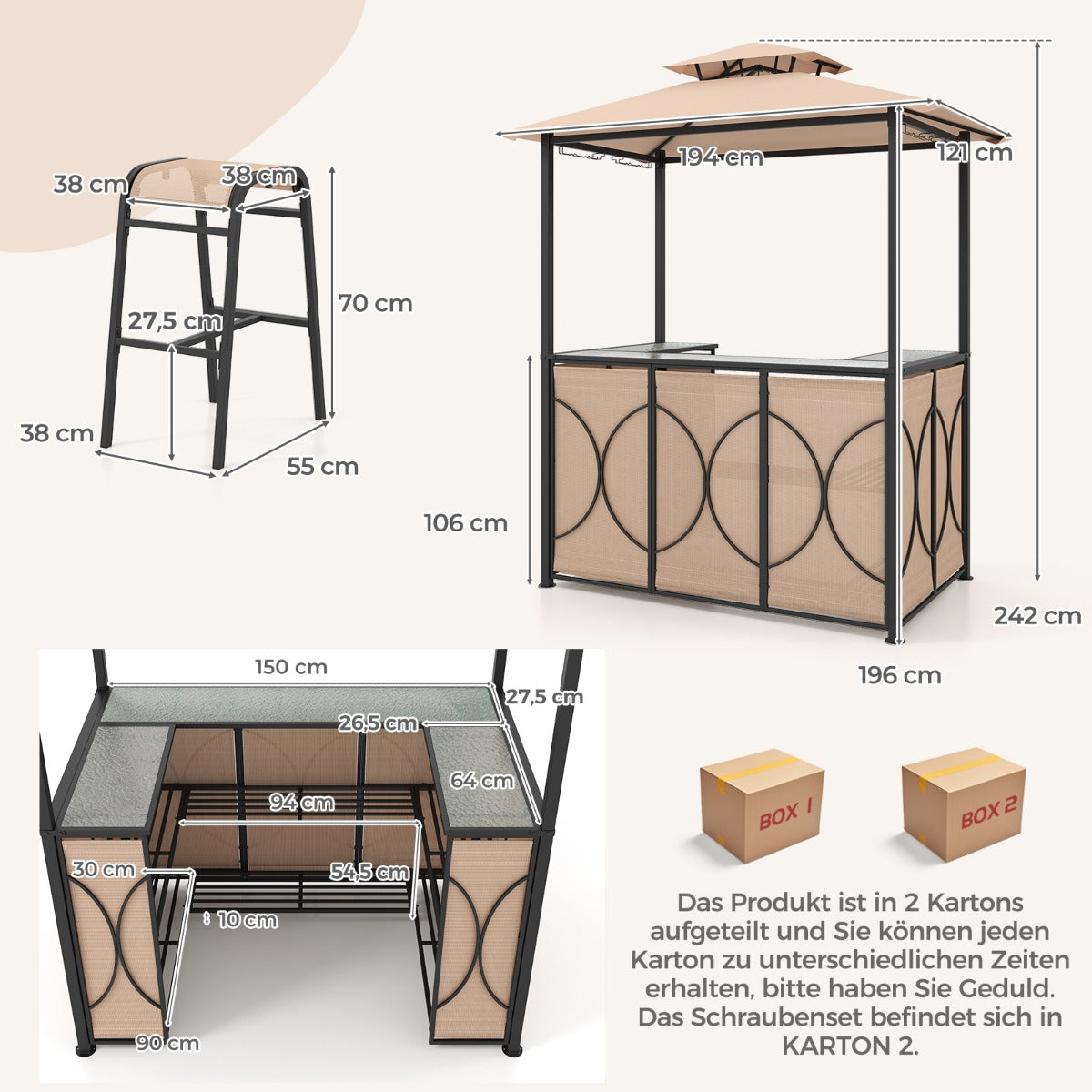 Bartisch mit 2 Barhocker Gartenbar Set mit Metallregalen &amp; Glashalter Grillpavillon mit Doppeldach Braun