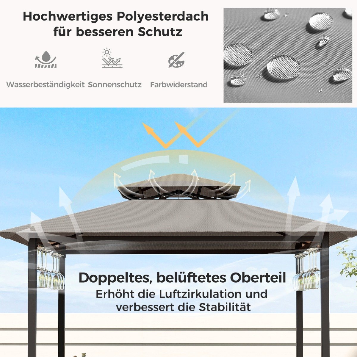 Bartisch mit 2 Barhocker Gartenbar Set mit Metallregalen & Glashalter Grillpavillon mit Doppeldach Grau