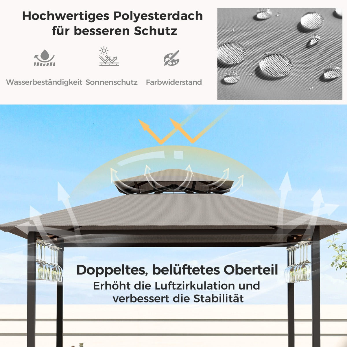 Bartisch mit 2 Barhocker Gartenbar Set mit Metallregalen &amp; Glashalter Grillpavillon mit Doppeldach Grau