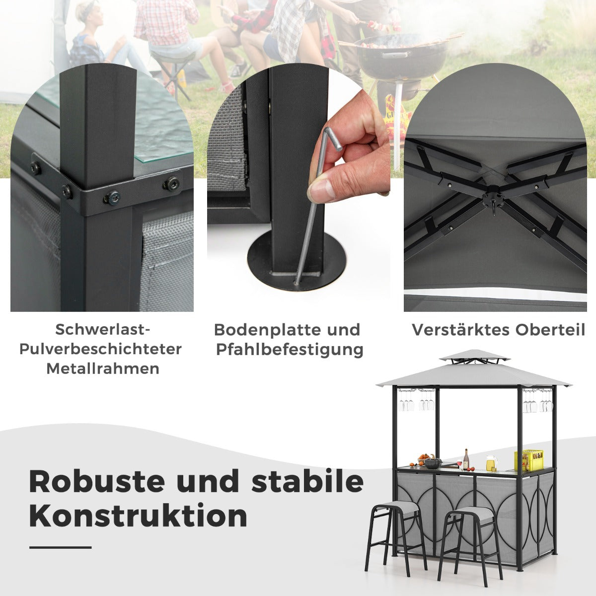 Bartisch mit 2 Barhocker Gartenbar Set mit Metallregalen &amp; Glashalter Grillpavillon mit Doppeldach Grau