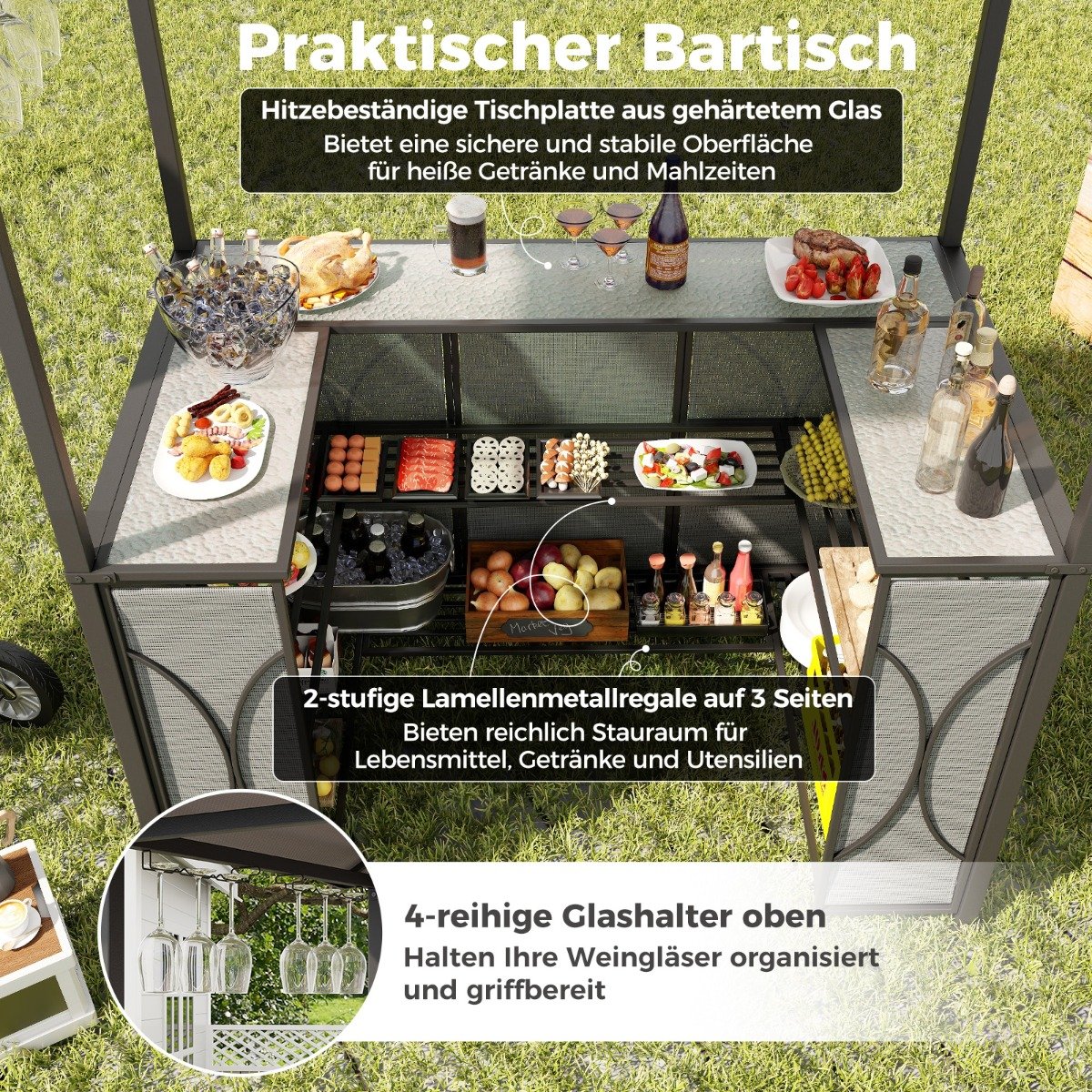 Bartisch mit 2 Barhocker Gartenbar Set mit Metallregalen & Glashalter Grillpavillon mit Doppeldach Grau