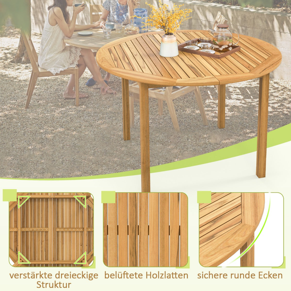 Gartentisch Akazienholz Esstisch rund für 4 Personen Bistrotisch Holztisch für Hof 110 x 110 x 75 cm Natur