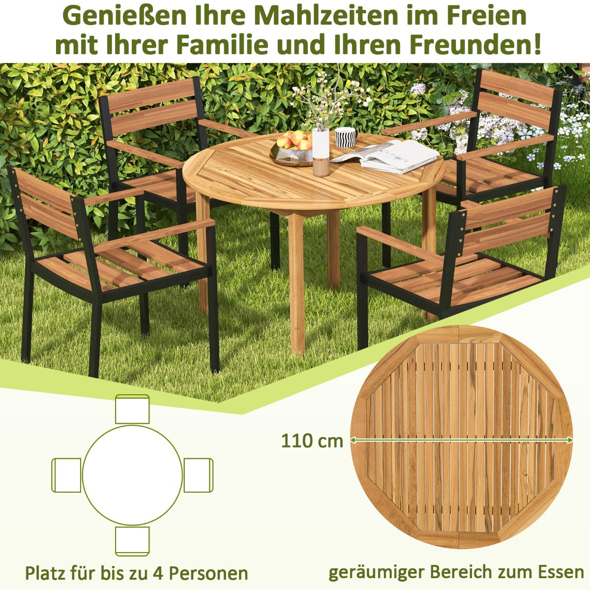 Gartentisch Akazienholz Esstisch rund für 4 Personen Bistrotisch Holztisch für Hof 110 x 110 x 75 cm Natur