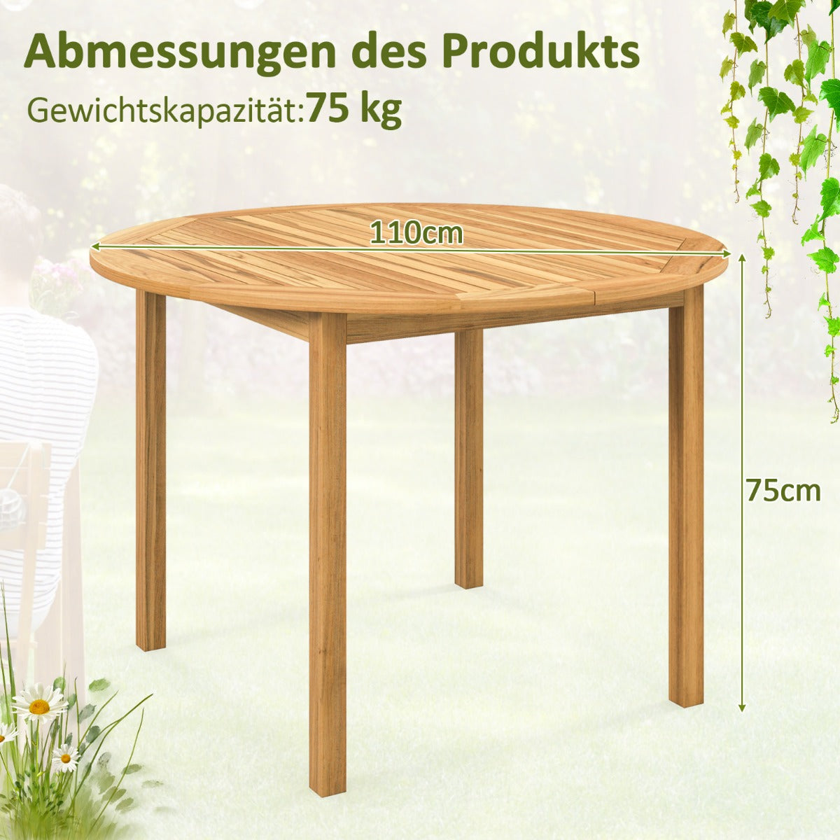 Gartentisch Akazienholz Esstisch rund für 4 Personen Bistrotisch Holztisch für Hof 110 x 110 x 75 cm Natur