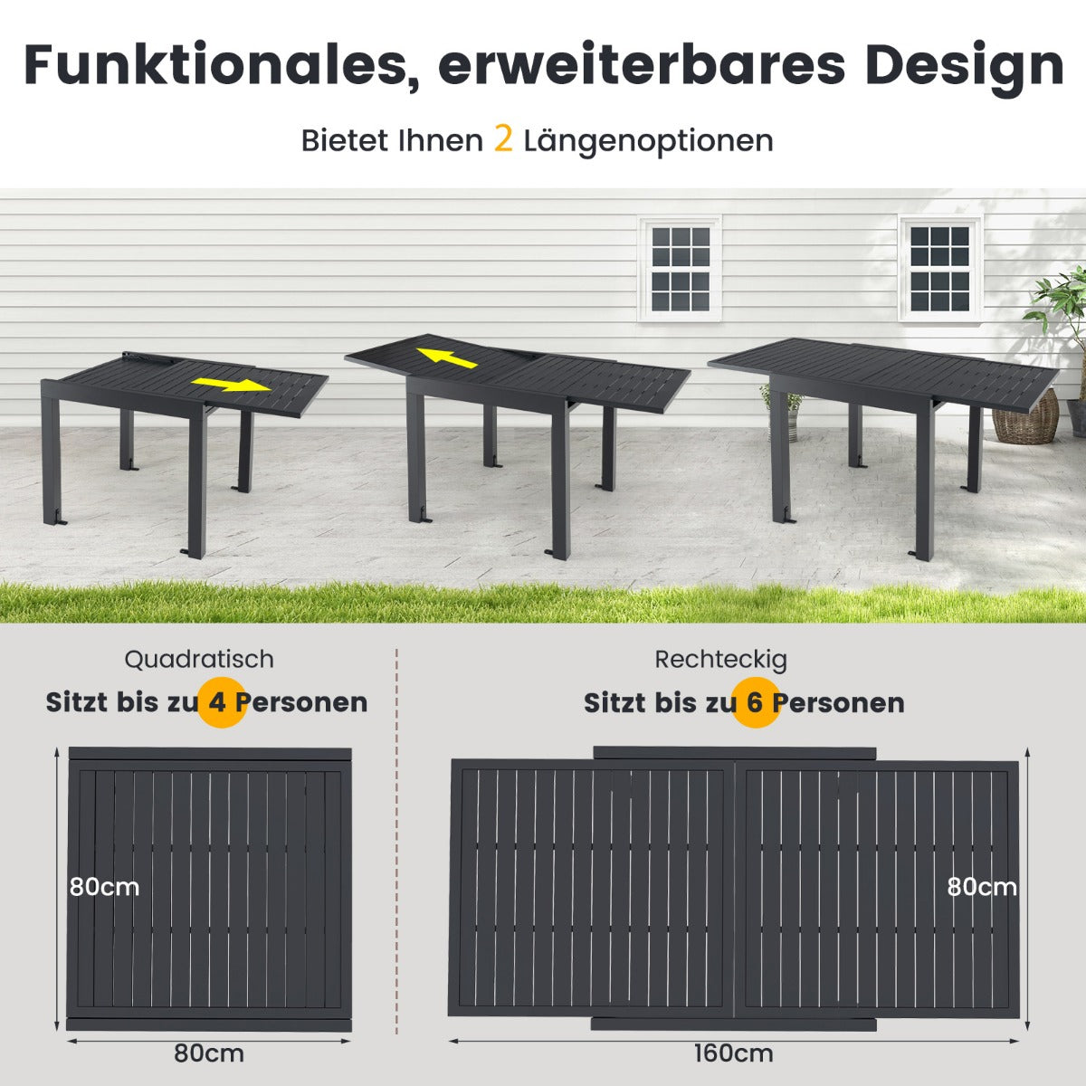 Gartentisch Aluminium ausziehbar 80/160 x 80cm Esstisch wetterfest Dunkelgrau