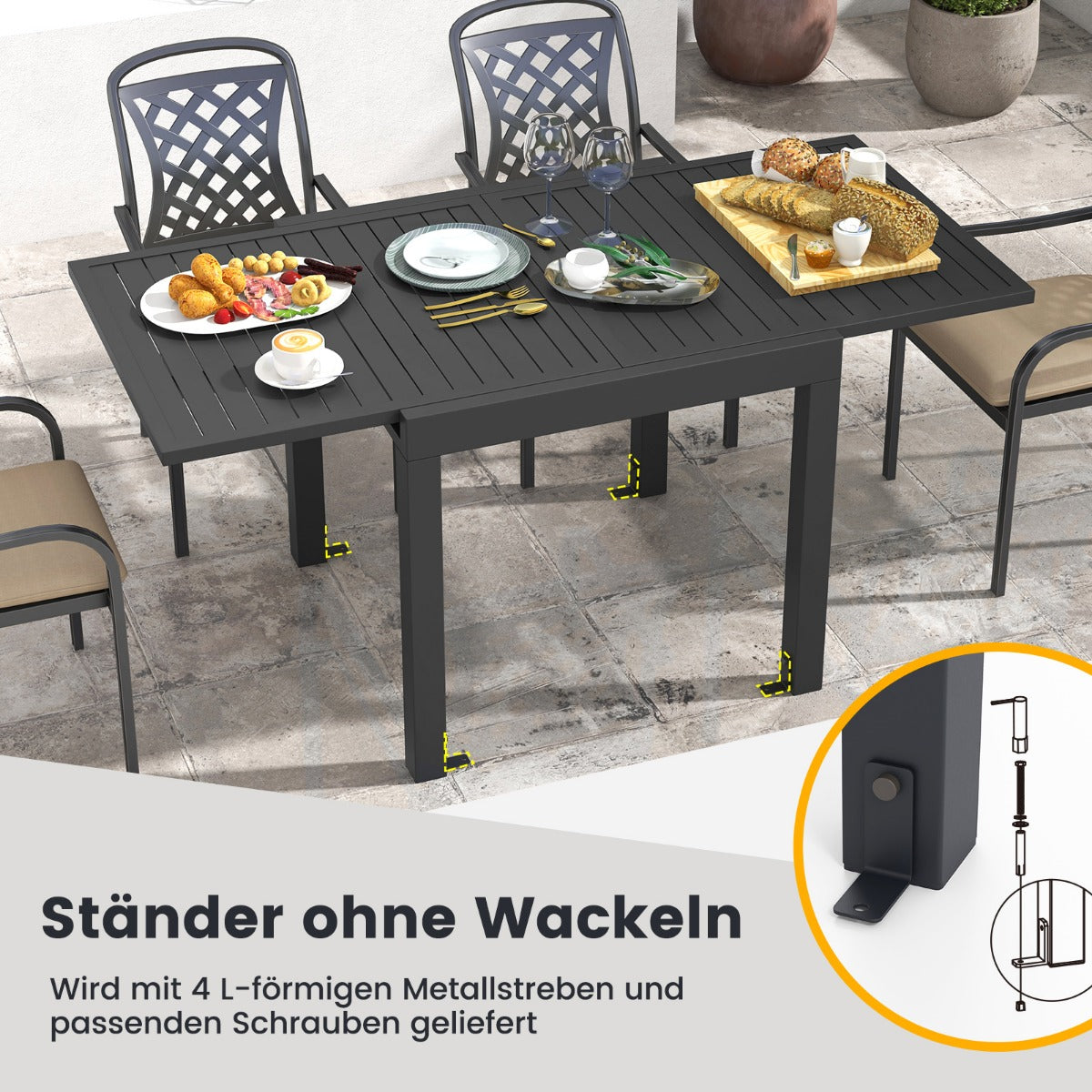 Gartentisch Aluminium ausziehbar 80/160 x 80cm Esstisch wetterfest Dunkelgrau
