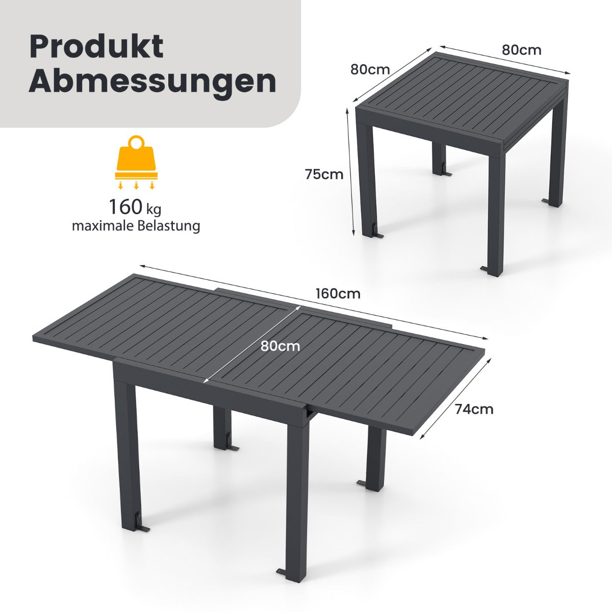Gartentisch Aluminium ausziehbar 80/160 x 80cm Esstisch wetterfest Dunkelgrau