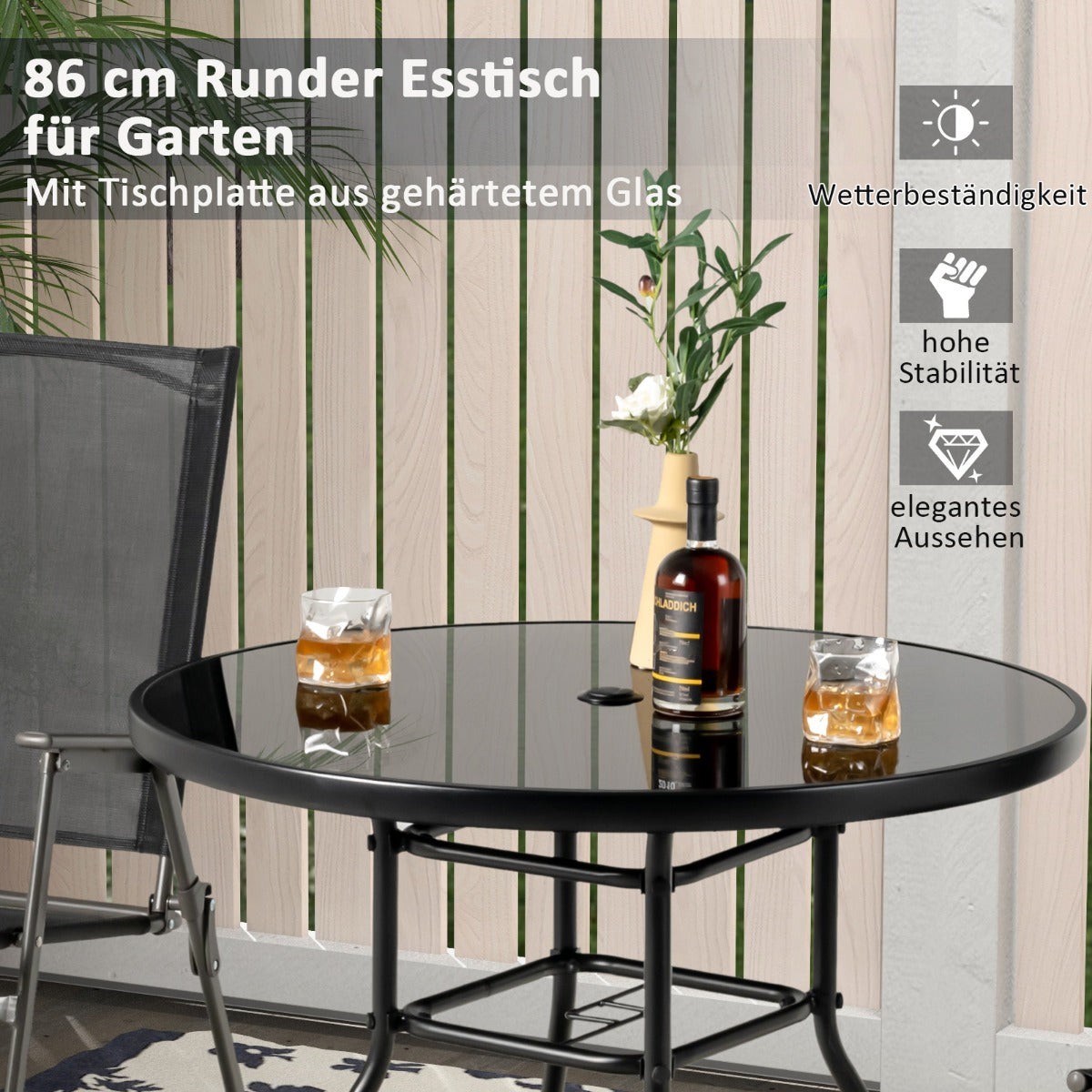 Gartentisch mit Tischplatte aus gehärtetem Glas Terrassentisch mit Schirmloch 86 x 86 x 71 cm Schwarz