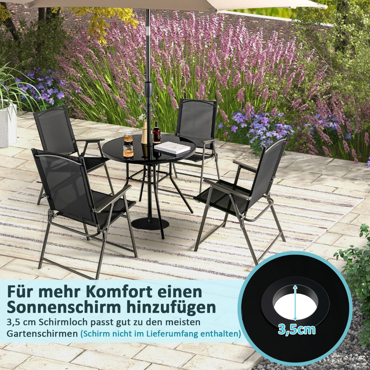 Gartentisch mit Tischplatte aus gehärtetem Glas Terrassentisch mit Schirmloch 86 x 86 x 71 cm Schwarz
