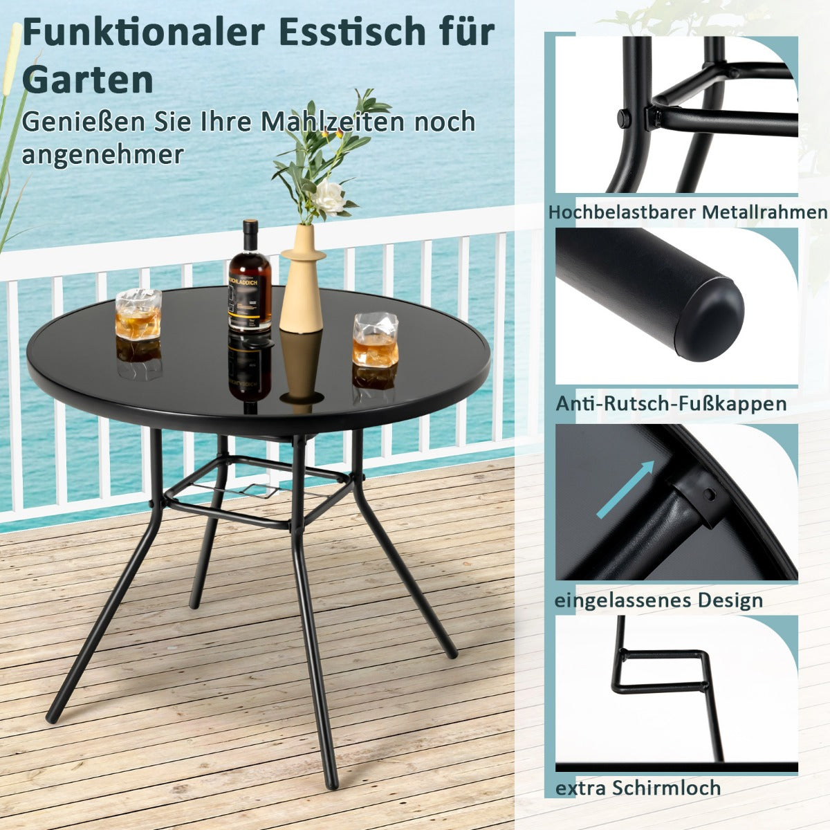 Gartentisch mit Tischplatte aus gehärtetem Glas Terrassentisch mit Schirmloch 86 x 86 x 71 cm Schwarz