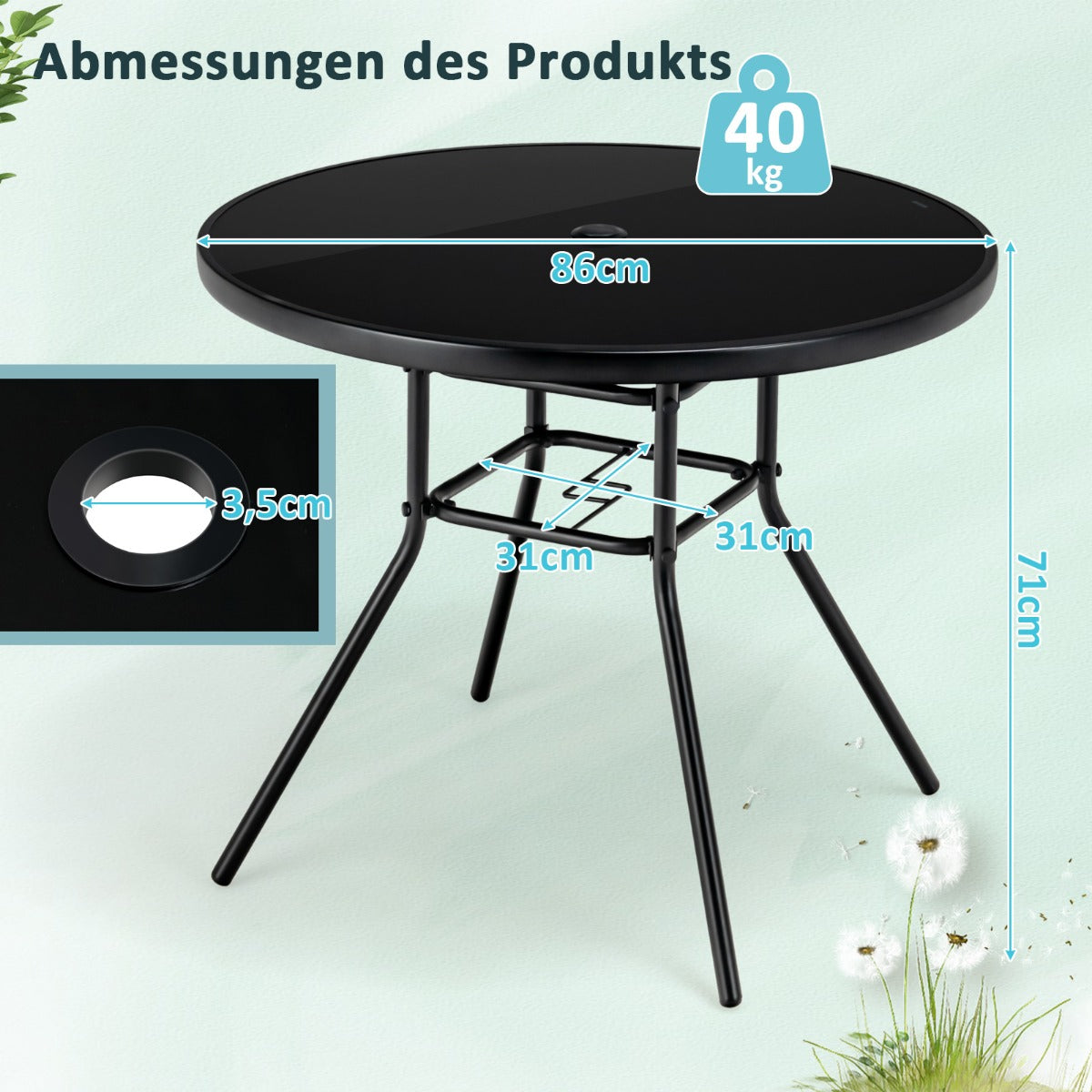 Gartentisch mit Tischplatte aus gehärtetem Glas Terrassentisch mit Schirmloch 86 x 86 x 71 cm Schwarz