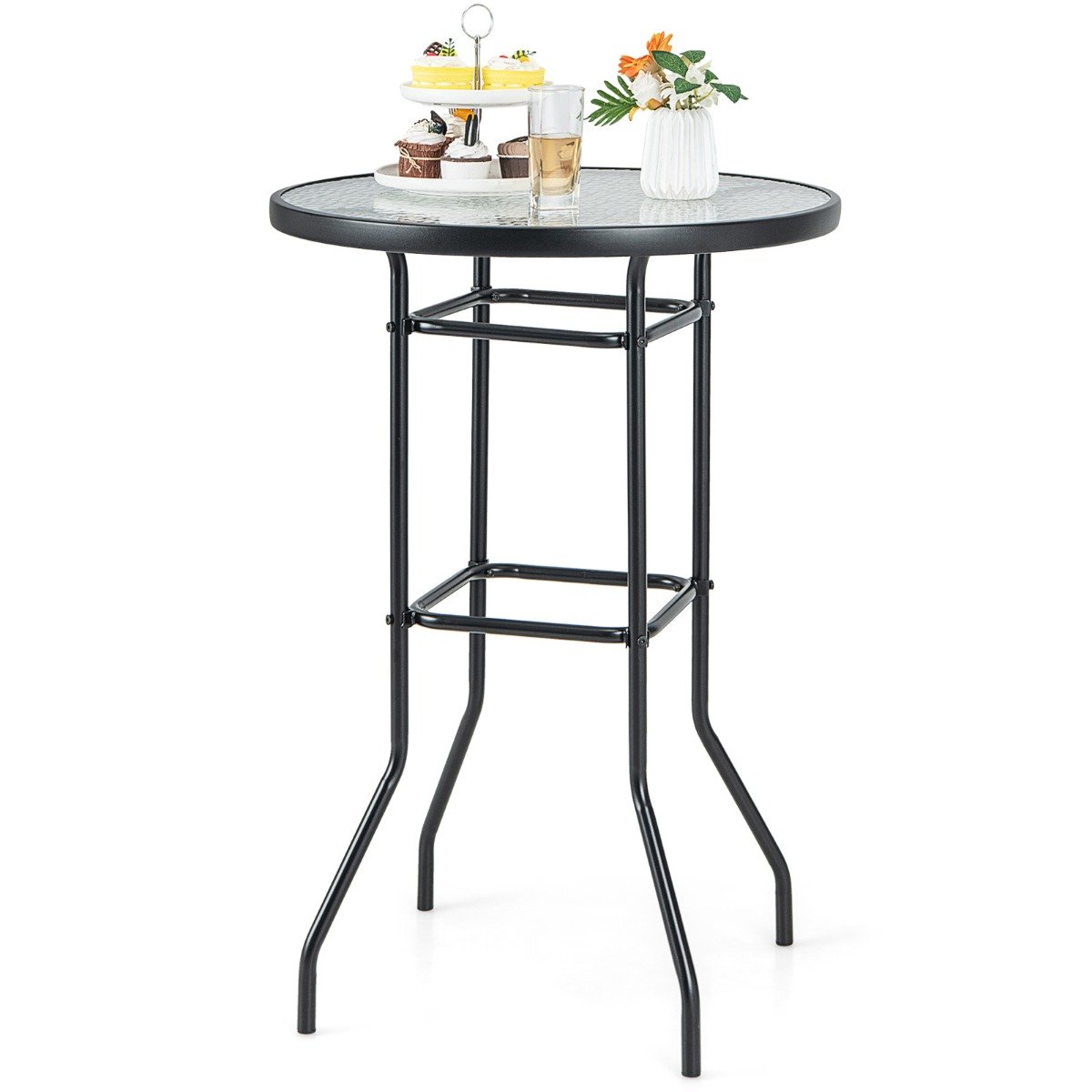 Hoher Gartentisch Stehtisch runder Bistrotisch mit Tischplatte aus gehärtetem Glas 68 x 68 x 97 cm Schwarz