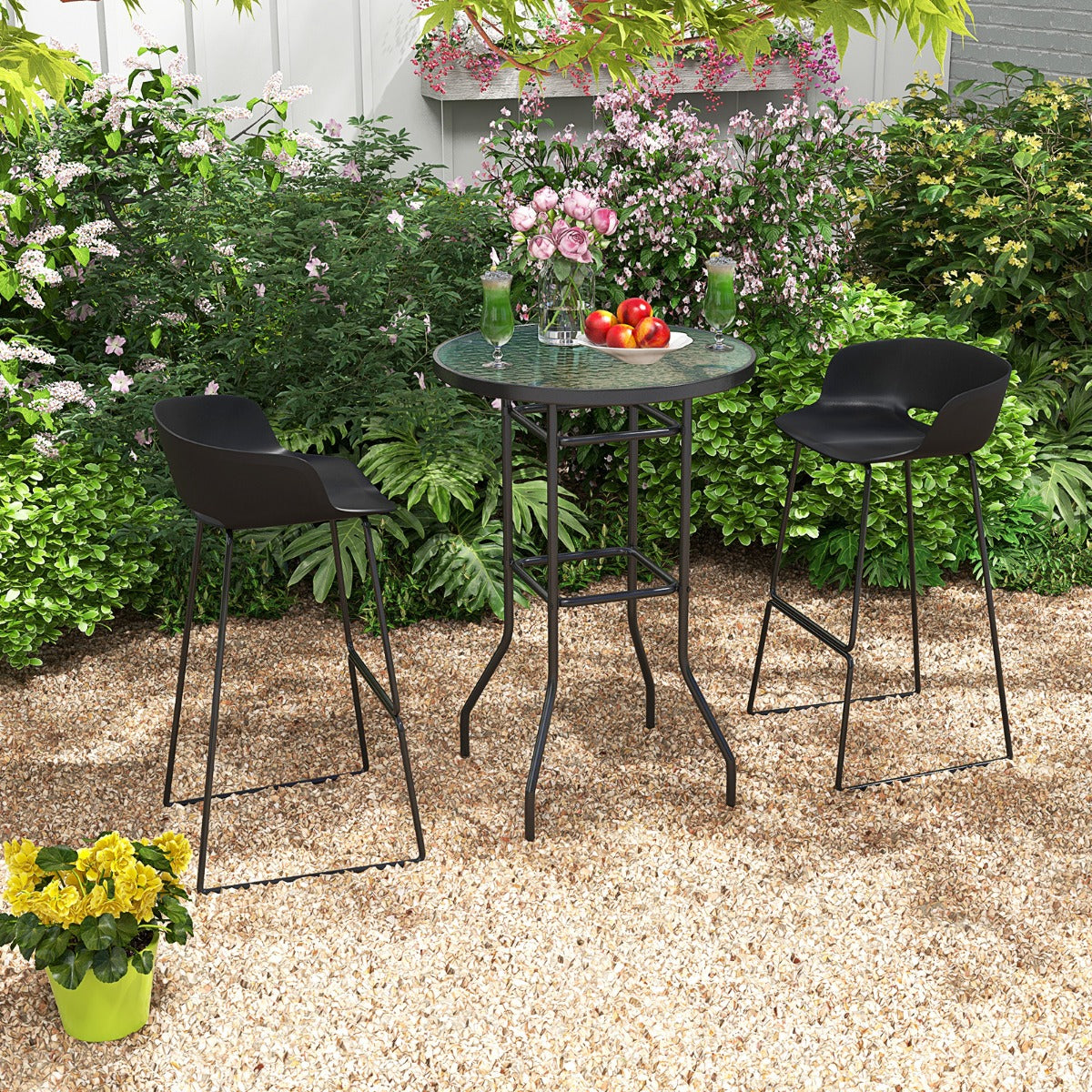 Hoher Gartentisch Stehtisch runder Bistrotisch mit Tischplatte aus gehärtetem Glas 68 x 68 x 97 cm Schwarz