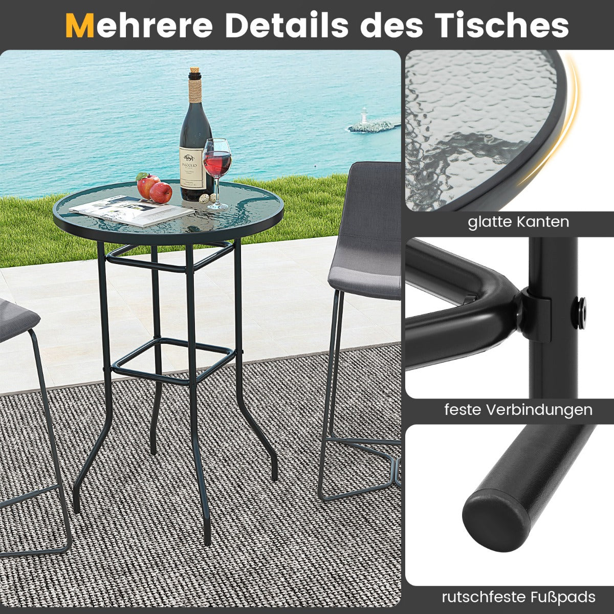 Hoher Gartentisch Stehtisch runder Bistrotisch mit Tischplatte aus gehärtetem Glas 68 x 68 x 97 cm Schwarz