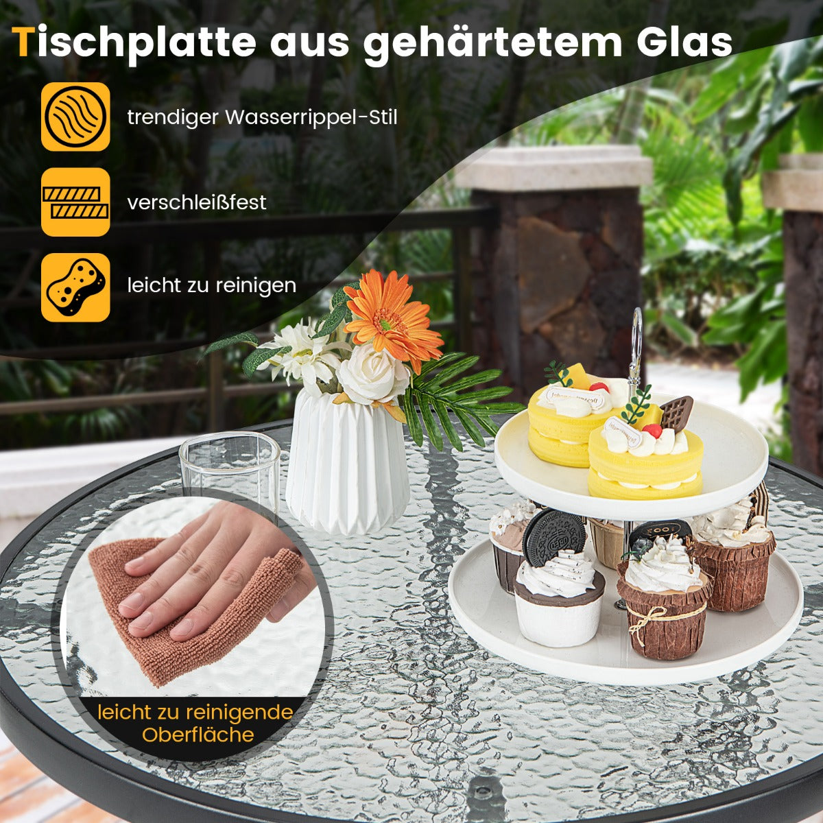 Hoher Gartentisch Stehtisch runder Bistrotisch mit Tischplatte aus gehärtetem Glas 68 x 68 x 97 cm Schwarz