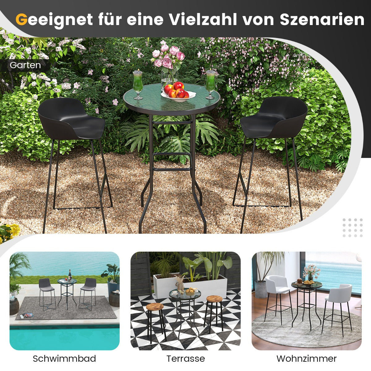 Hoher Gartentisch Stehtisch runder Bistrotisch mit Tischplatte aus gehärtetem Glas 68 x 68 x 97 cm Schwarz