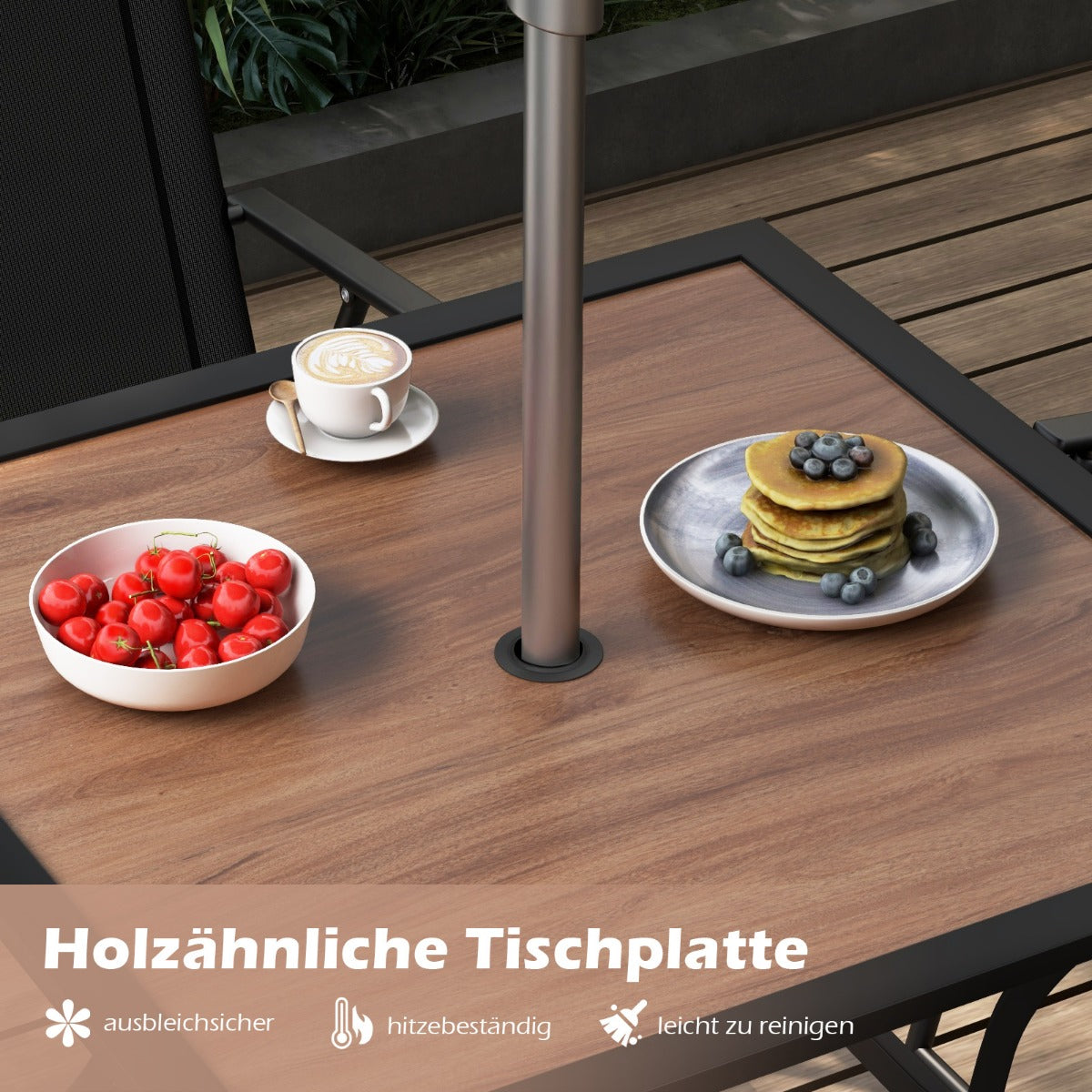 Gartentisch mit Tischplatte in Holzoptik Terrassentisch mit verstellbarem Schirmloch 85 x 85 x 74 cm