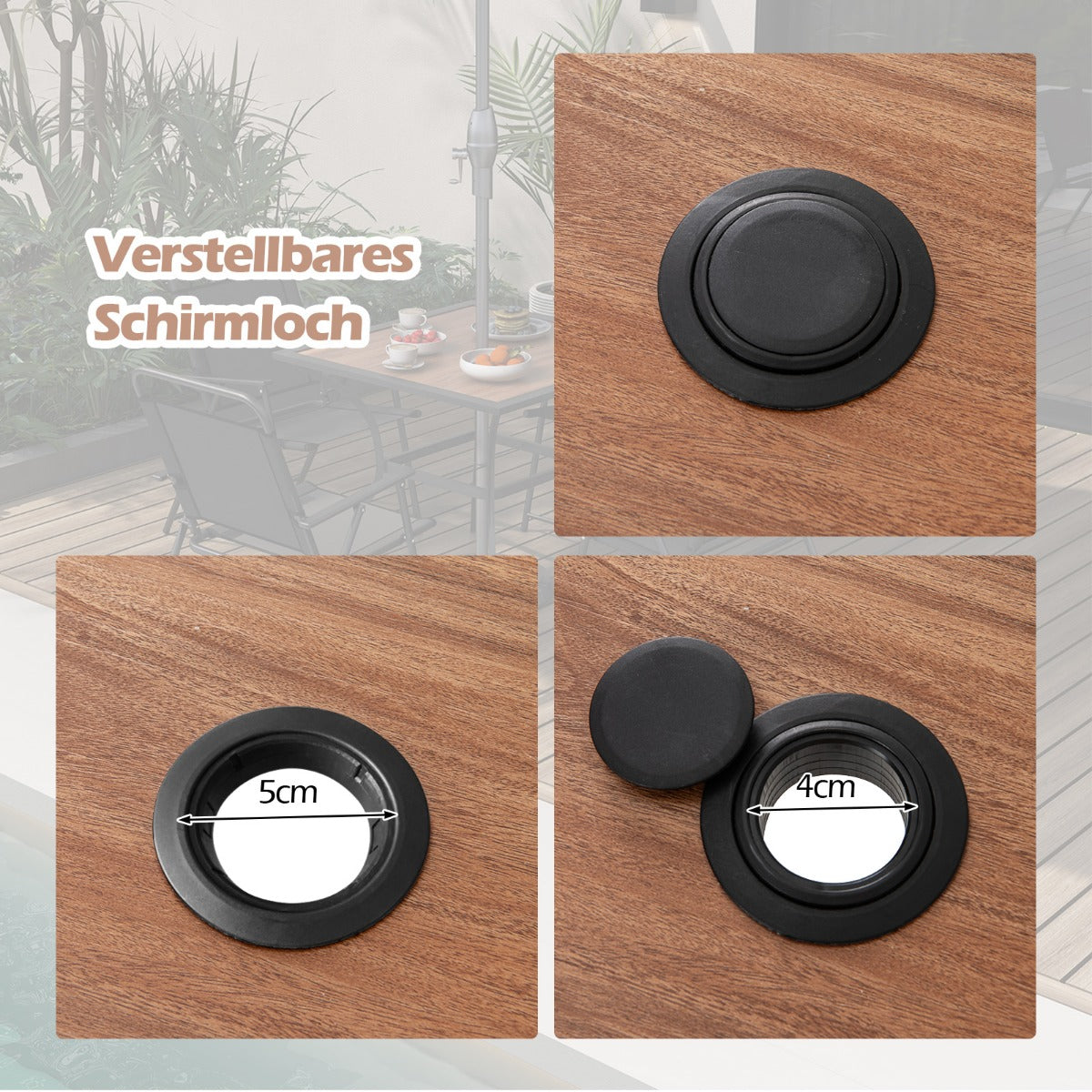 Gartentisch mit Tischplatte in Holzoptik Terrassentisch mit verstellbarem Schirmloch 85 x 85 x 74 cm