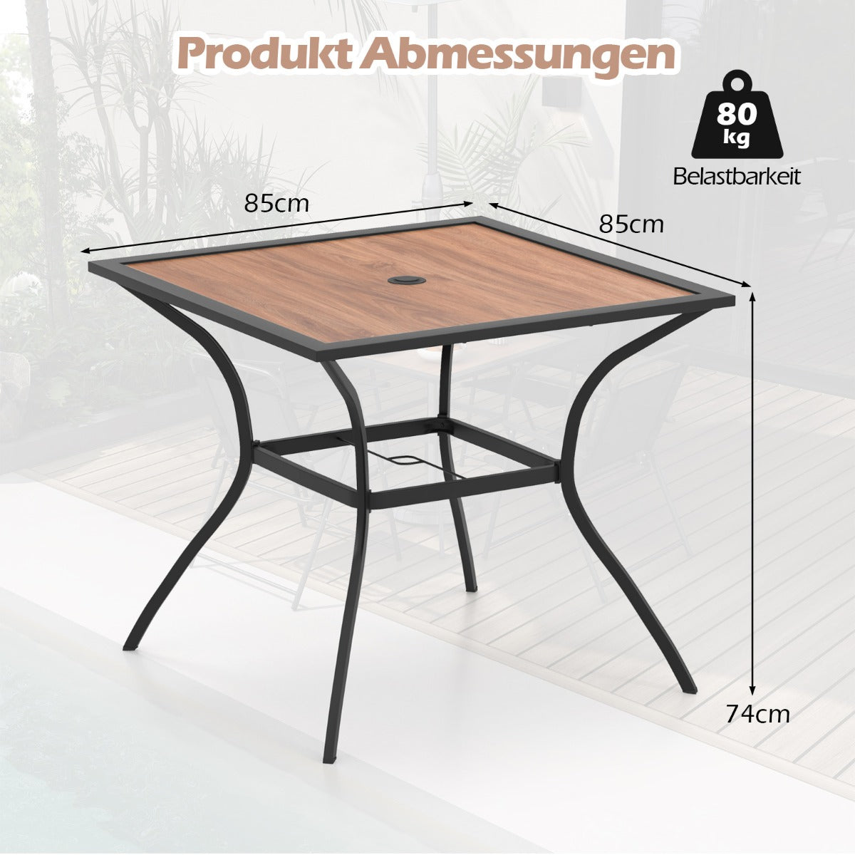 Gartentisch mit Tischplatte in Holzoptik Terrassentisch mit verstellbarem Schirmloch 85 x 85 x 74 cm