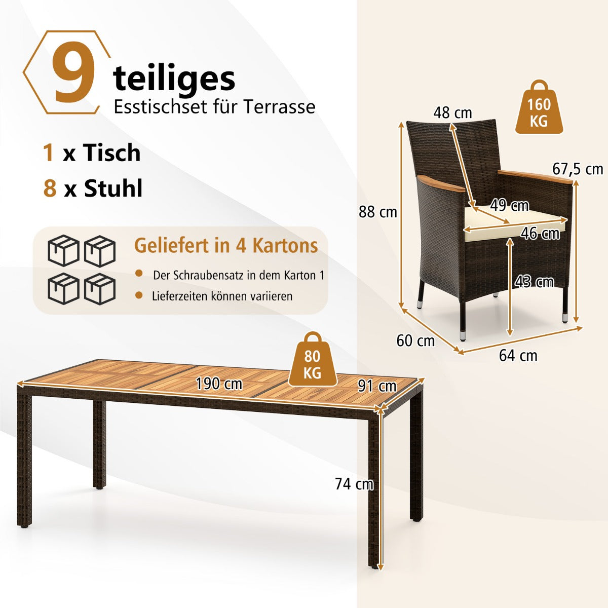 9 TLG. Rattan Gartenmöbel Set Sitzgruppe für 8 Personen Gartentisch mit Tischplatte aus Akazienholz mit Schirmloch