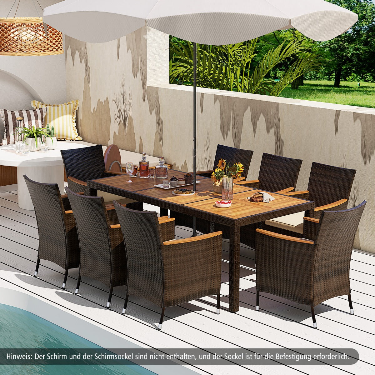 9 TLG. Rattan Gartenmöbel Set Sitzgruppe für 8 Personen Gartentisch mit Tischplatte aus Akazienholz mit Schirmloch