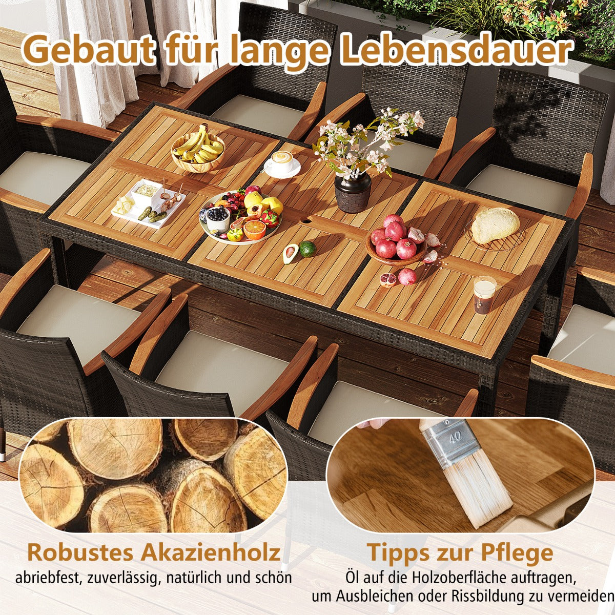 9 TLG. Rattan Gartenmöbel Set Sitzgruppe für 8 Personen Gartentisch mit Tischplatte aus Akazienholz mit Schirmloch